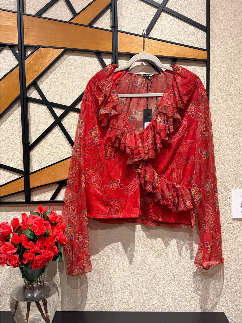 Demi mesh long sleeve top- red combo